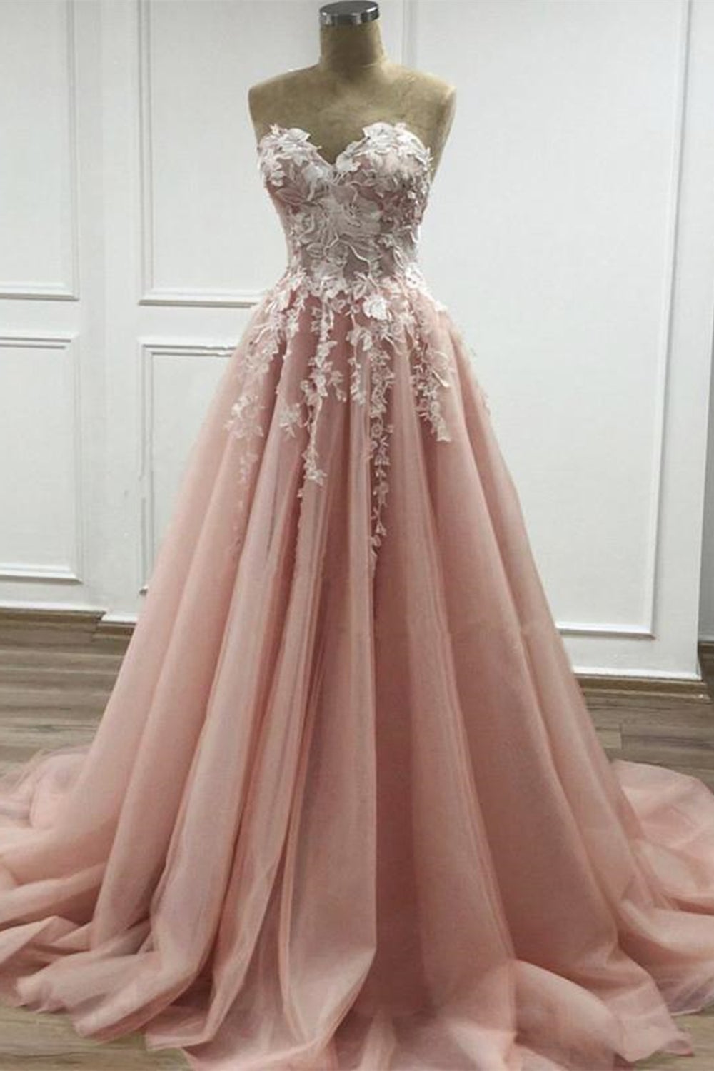 Bridesmaids Dresses Gold, Strapless Sweetheart Neck Pink Lace Appliques Long Prom Dress,Floral Formal Dress,Fashion Evening Dresses