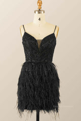 Formal Attire, Straps Black Beaded Feather Mini Dress