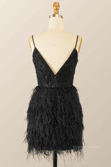 Cocktail Party Outfit, Straps Black Beaded Feather Mini Dress