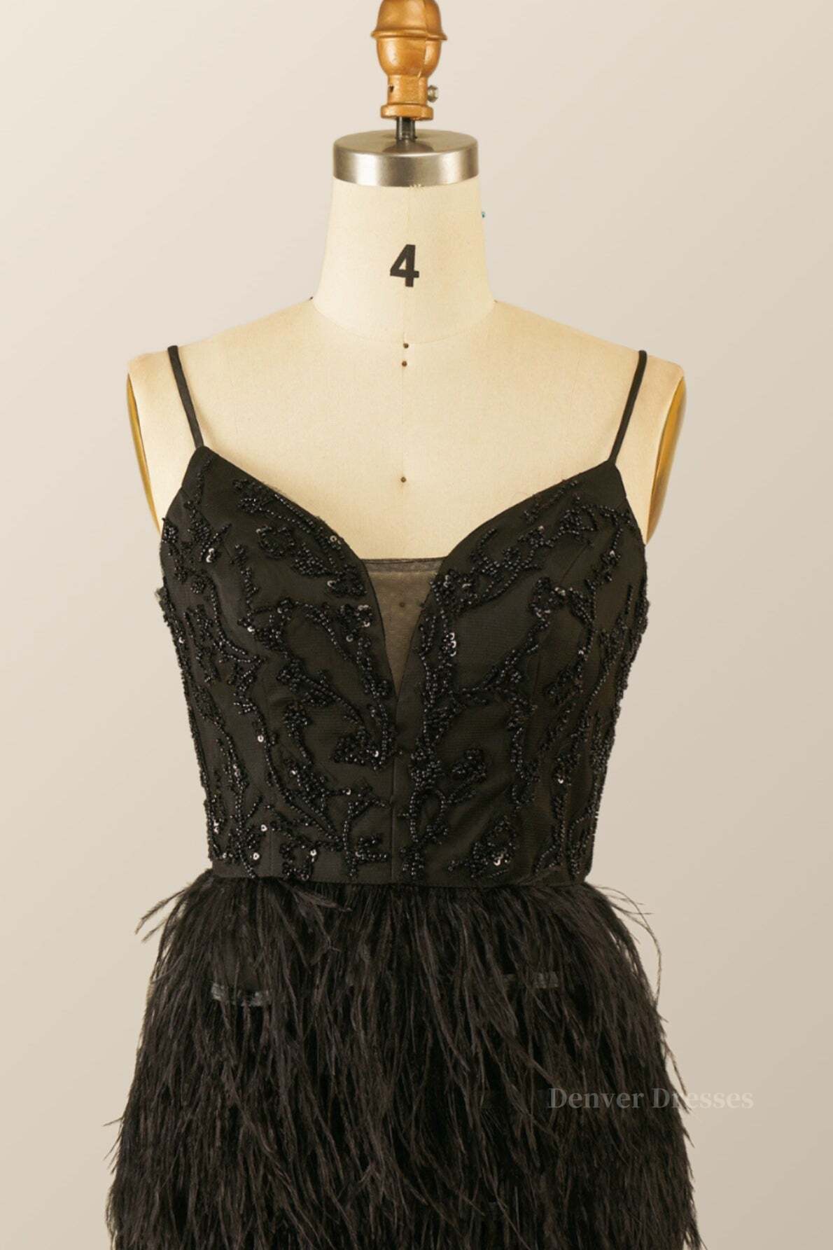 Classy Gown, Straps Black Beaded Feather Mini Dress