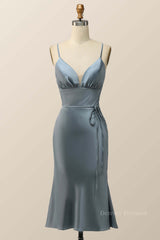 Bridesmaid Dress Affordable, Straps Blue Satin Midi Bridesmaid Dress