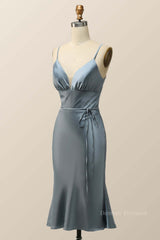 Bridesmaids Dress Affordable, Straps Blue Satin Midi Bridesmaid Dress