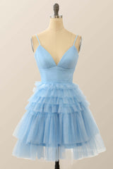 Prom Dress Bodycon, Straps Blue Tiered Ruffle Short A-line Homecoming Dress