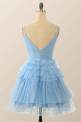 Prom Dress With Pocket, Straps Blue Tiered Ruffle Short A-line Homecoming Dress
