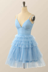 Prom Dresses With Pockets, Straps Blue Tiered Ruffle Short A-line Homecoming Dress