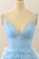 Prom Dresses Long Blue, Straps Blue Tiered Ruffle Short A-line Homecoming Dress