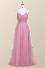 Bridesmaid Dress Orange, Straps Blush Pink Pleated Tulle Long Bridesmaid Dress