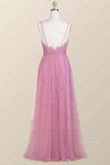 Bridesmaids Dresses Gold, Straps Blush Pink Pleated Tulle Long Bridesmaid Dress