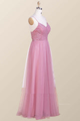 Bridesmaid Dresses Gold, Straps Blush Pink Pleated Tulle Long Bridesmaid Dress