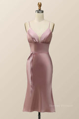 Party Dresses Summer Dresses, Straps Blush Pink Satin Midi Bridesmaid Dress