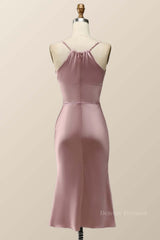 Party Dress Large Size, Straps Blush Pink Satin Midi Bridesmaid Dress