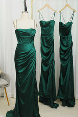 Elegant Dress, Straps Dark Green Mermaid Long Bridesmaid Dress,Modest Satin Formal Dresses