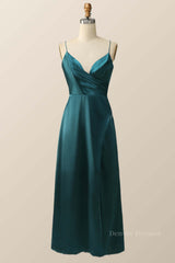 Evening Dress Italy, Straps Dark Green Satin Pleated Long Bridesmaid Dress