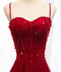 Prom Dress Ideas Black Girl, Straps Dark Red Beaded Sweetheart Long Formal Dress, Junior Prom Dress