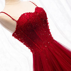 Prom Dress Two Piece, Straps Dark Red Beaded Sweetheart Long Formal Dress, Junior Prom Dress