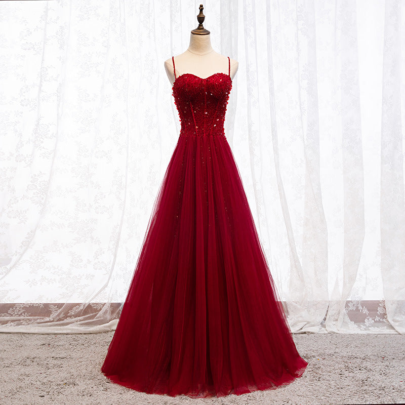 Prom Dresse Two Piece, Straps Dark Red Beaded Sweetheart Long Formal Dress, Junior Prom Dress