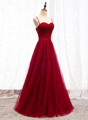 Prom Dresses 2022 Black Girl, Straps Dark Red Beaded Sweetheart Long Formal Dress, Junior Prom Dress