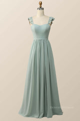Prom Dress Green, Straps Green Chiffon Long Bridesmaid Dress