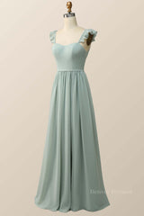 Prom Dresses Outfits Fall Casual, Straps Green Chiffon Long Bridesmaid Dress