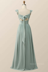 Prom Dress Silk, Straps Green Chiffon Long Bridesmaid Dress