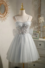 Homecoming Dresses With Sleeves, Straps Grey Tulle Beaded Short Homecoming Dress