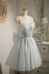Homecoming Dresses Knee Length, Straps Grey Tulle Beaded Short Homecoming Dress
