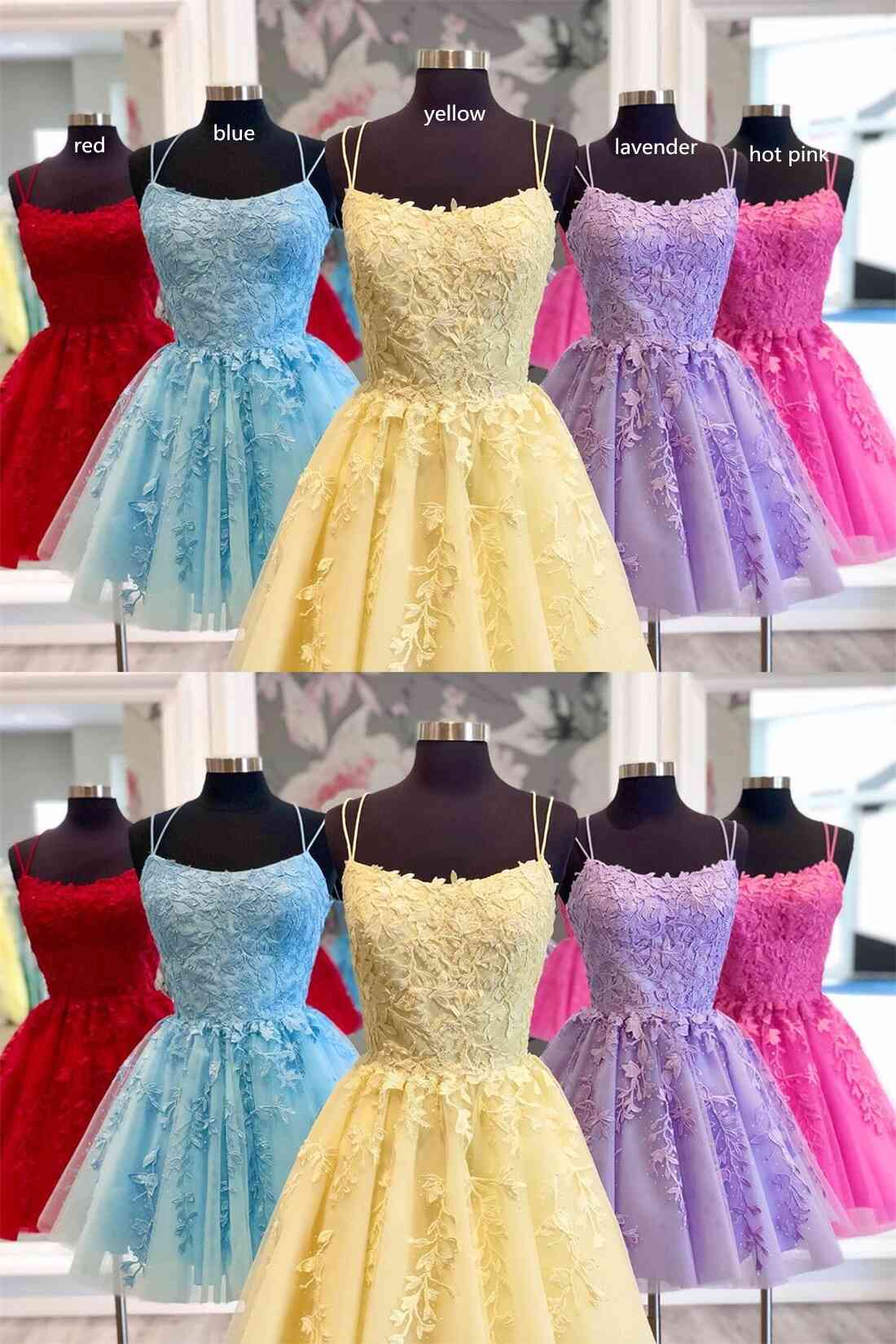 Bridesmaid Dress Mismatched, Straps Lace Applique Blue Homecoming Dress,Fuchsia Cocktail Dresses