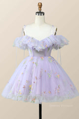 Formal Dressed Long, Straps Lavender Floral A-line Short Homecoming Dress
