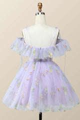 Formals Dresses Long, Straps Lavender Floral A-line Short Homecoming Dress
