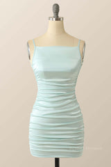 Elegant Dress Classy, Straps Light Blue Ruched Tight Mini Dress