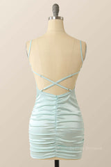 Dinner Outfit, Straps Light Blue Ruched Tight Mini Dress