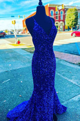 Formal Dress Long Sleeved, Straps Mermaid Royal Blue Sequins Long Prom Dress with Slit