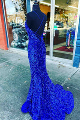 Formal Dresses Long Sleeved, Straps Mermaid Royal Blue Sequins Long Prom Dress with Slit