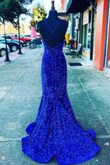 Formal Dresses Long Sleeves, Straps Mermaid Royal Blue Sequins Long Prom Dress with Slit