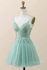 Party Dresses Wedding, Straps Mint Green Tulle A-line Short Homecoming Dress