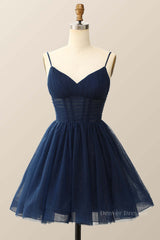 Prom Dresse Backless, Straps Navy Blue Pleated A-line Homecoming Dress