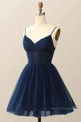 Prom Dresses 2059 Blue, Straps Navy Blue Pleated A-line Homecoming Dress