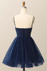 Prom Dresses Modest, Straps Navy Blue Pleated A-line Homecoming Dress
