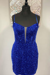 Party Dress Jumpsuit, Straps Royal Blue Sequins Bodycon Homecoming Dresses