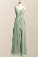 Evening Dresses Sale, Straps Sage Green Chiffon Long Bridesmaid Dress with Open Back