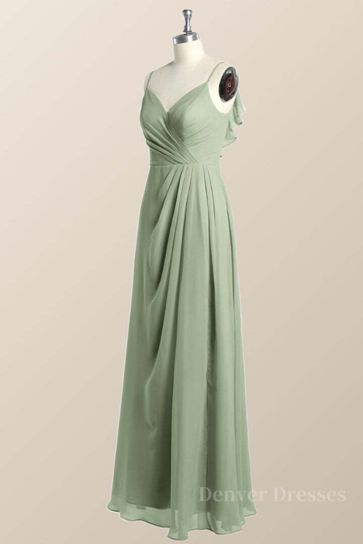 Evening Dress Sale, Straps Sage Green Chiffon Long Bridesmaid Dress with Open Back