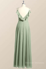 Evening Dress For Sale, Straps Sage Green Chiffon Long Bridesmaid Dress with Open Back