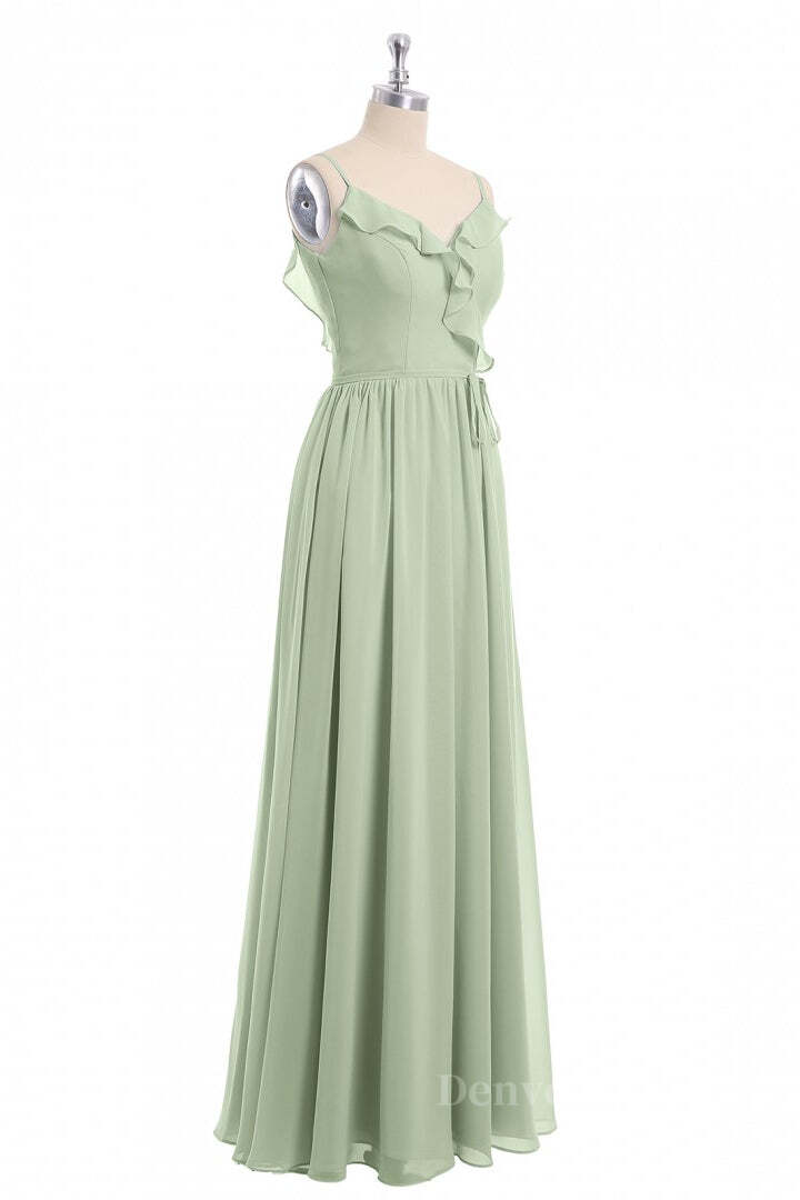 Evening Dress Online, Straps Sage Green Chiffon Ruffles Long Bridesmaid Dress