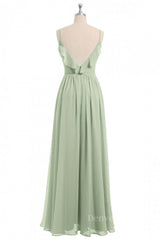 Evening Dress Cheap, Straps Sage Green Chiffon Ruffles Long Bridesmaid Dress