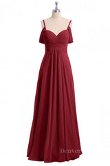 Unique Prom Dress, Straps Wine Red A-line Pleated Chiffon Long Bridesmaid Dress
