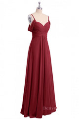 Gold Dress, Straps Wine Red A-line Pleated Chiffon Long Bridesmaid Dress