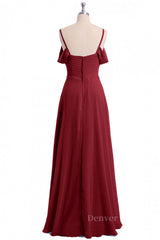 Grad Dress, Straps Wine Red A-line Pleated Chiffon Long Bridesmaid Dress