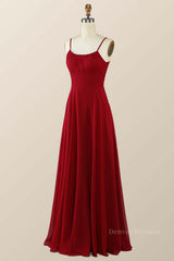 Evening Dresses Stunning, Straps Wine Red Chiffon A-line Long Bridesmaid Dress