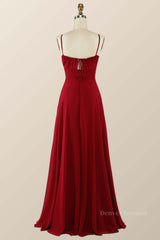 Evening Dresses For Party, Straps Wine Red Chiffon A-line Long Bridesmaid Dress