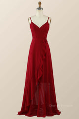 Evening Dress Long, Straps Wine Red Chiffon Ruffle A-line Long Bridesmaid Dress